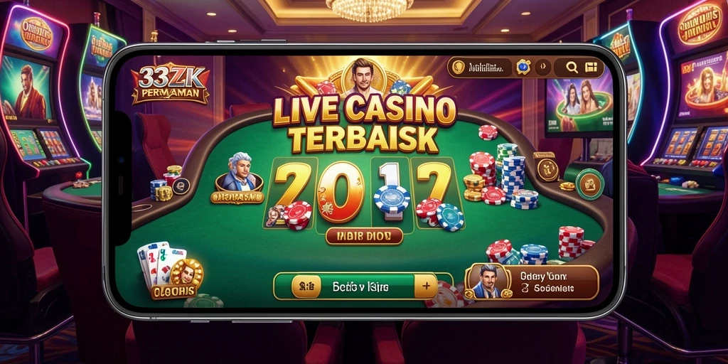 Screenshot utama 33ZK menampilkan dealer langsung dalam permainan kasino.