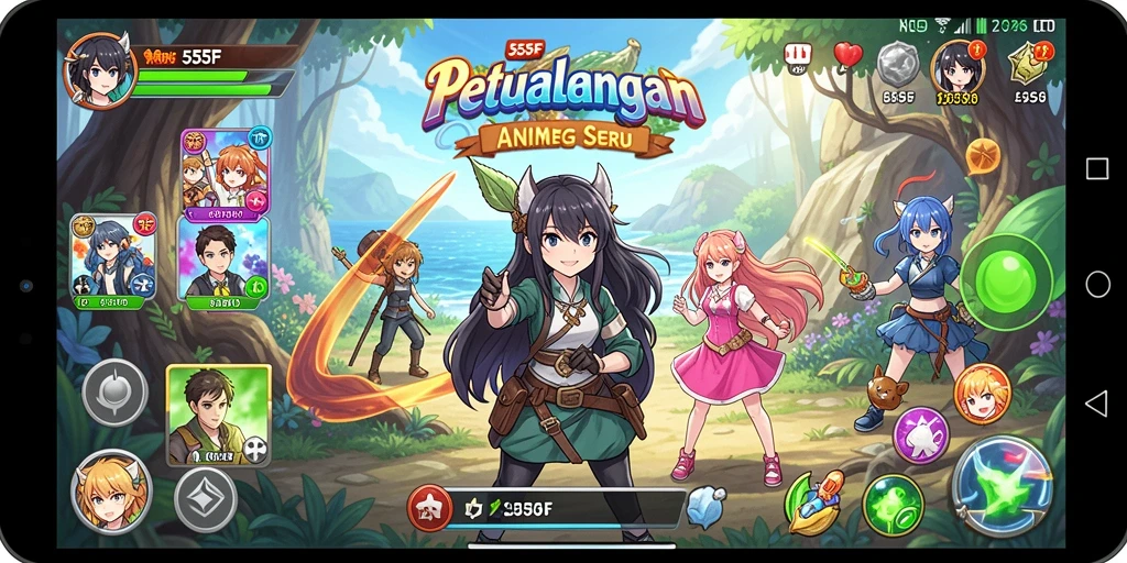 Tampilan gameplay seru dalam 555F dengan karakter Anime yang menawan.