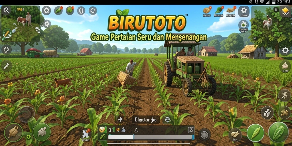 Screenshot gameplay <strong>BIRUTOTO</strong> menunjukkan warna-warni tanaman dan aktivitas pertanian.