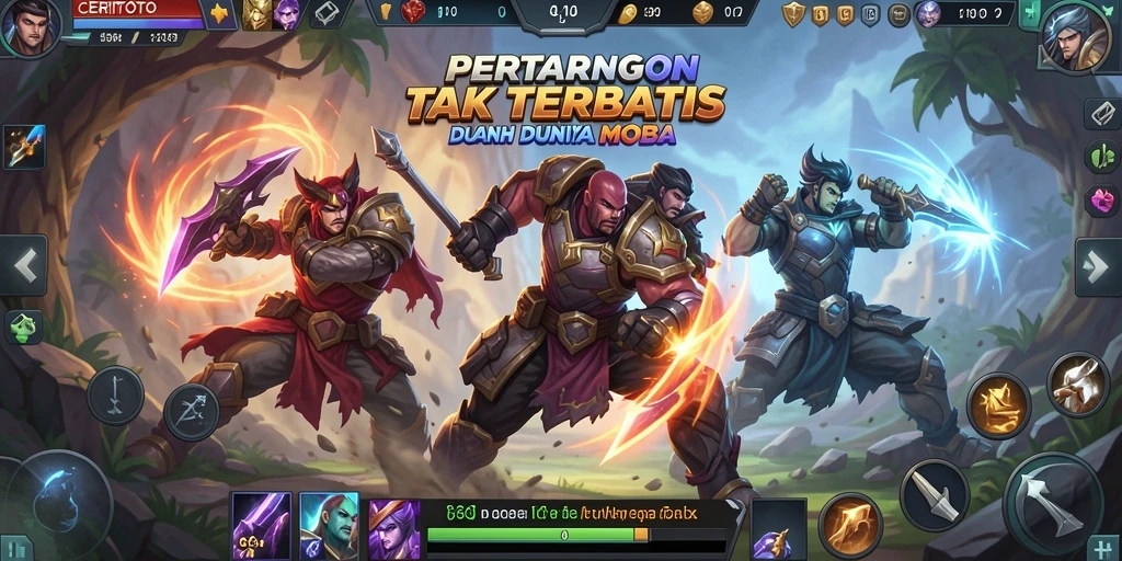 Screenshot utama CERITOTO menampilkan aksi seru di lapangan pertarungan MOBA.