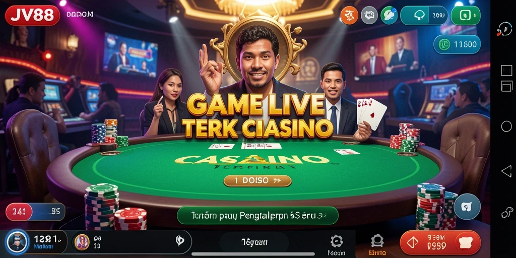 Tampilan gameplay JV88 yang mendebarkan dengan dealer langsung dan suasana kasino.