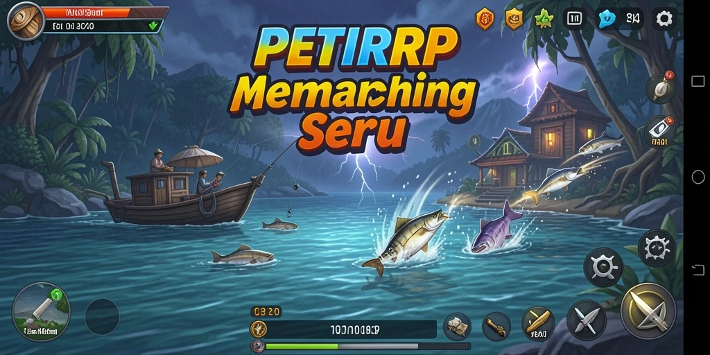 Gameplay seru PETIRRP dengan berbagai jenis ikan menunggu untuk ditangkap.