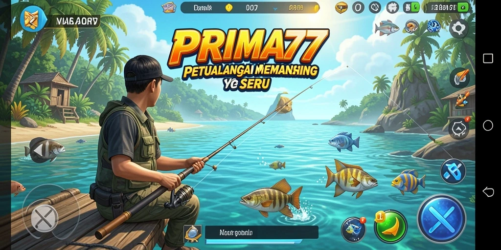 Screenshot gameplay <strong>PRIMA77</strong> menunjukkan aksi memancing yang mendebarkan dengan pemandangan indah.