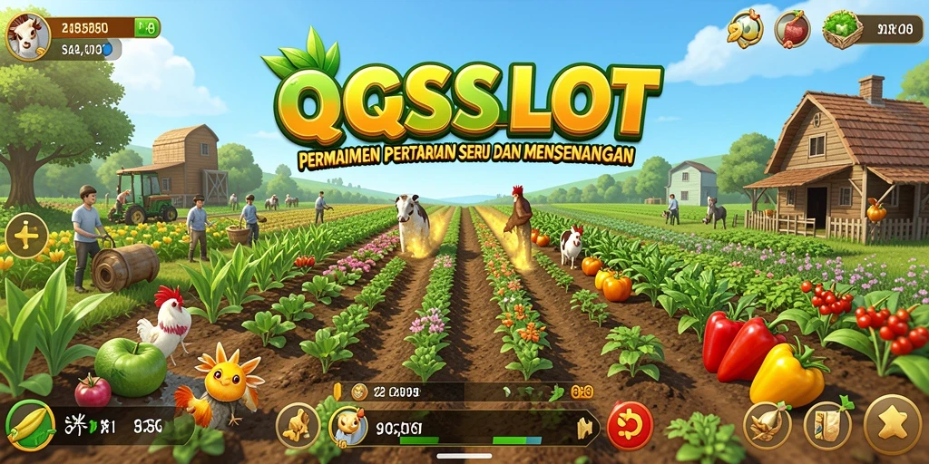 Gameplay <strong>QQSLOT</strong> dengan pemandangan kebun yang indah dan aktivitas bertani.