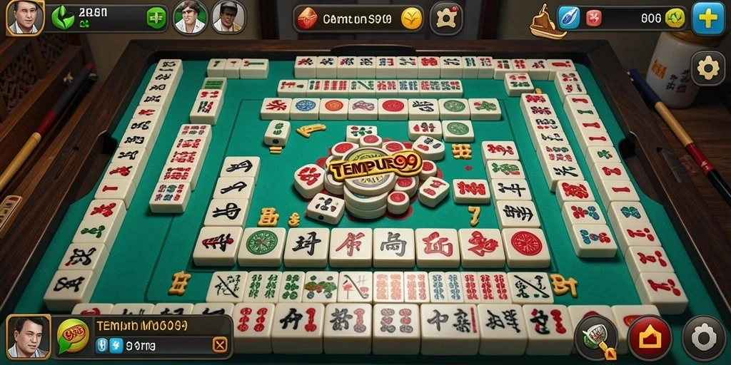 Screenshot permainan TEMPUR99 menampilkan gameplay menarik serta papan Mahjong yang berwarna-warni.